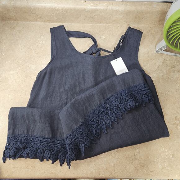 Rosemarie 100% Linen Dress S Boho Midi Lagenlook Minimalist Crochet Trim Beachy - Picture 7 of 8